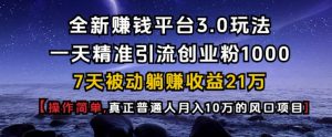 全新赚钱平台3.0玩法一天精准引流创业粉1000.7天被动躺Z收益21W【仅揭秘】-简创项目网