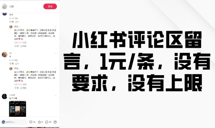 小红书评论区留言，1元条，没有要求，没有上限-简创项目网