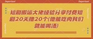 短剧搬运大佬经验分享付费短剧20天撸20个(他能吃肉我们就能喝汤)-简创项目网