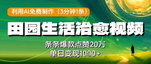 利用AI免费制作田园生活治愈视频，条条爆款点赞20W，单日变现几张-简创项目网