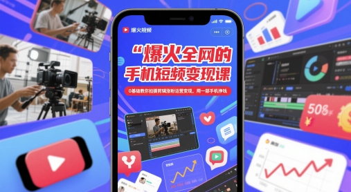 爆火全网的手机短视频变现课，0基础教你拍摄剪辑涨粉运营变现，用一部手机挣钱-简创项目网