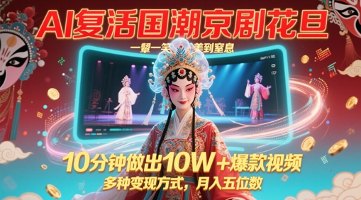 AI复活国潮京剧花旦，一颦一笑美到窒息，10分钟做出10W+爆款视频，多种变现方式，月入五位数-简创项目网