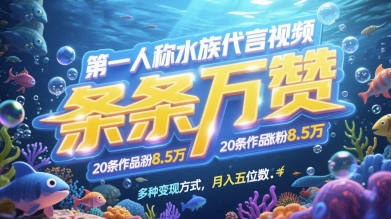 第一人称水族代言视频，条条万赞，20条作品涨粉7.8W，多种变现方式月入五位数-简创项目网