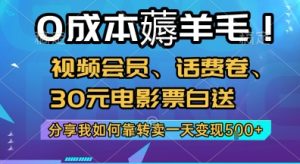 0成本薅羊毛!视频会员、话费卷、30元电影票白送,分享我如何靠转卖一天变现5张+【揭秘】-简创项目网
