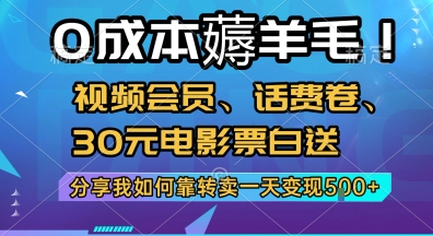 0成本薅羊毛!视频会员、话费卷、30元电影票白送，分享我如何靠转卖一天变现5张+【揭秘】-简创项目网