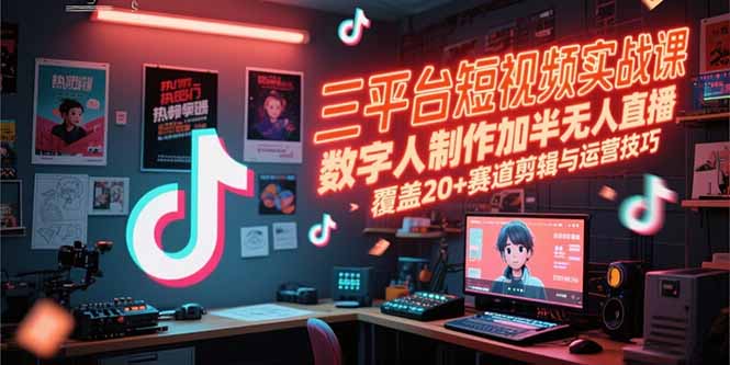 三平台短视频实战课，数字人制作加半无人直播，覆盖20+赛道剪辑与运营技巧-简创项目网