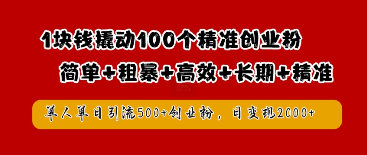 1块钱撬动100个精准创业粉，简单粗暴高效长期精准，单人单日引流500+创业粉，日变现2k【揭秘】-简创项目网