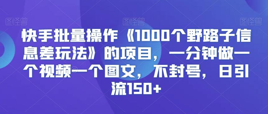 快手批量操作《1000个野路子信息差玩法》的项目，一分钟做一个视频一个图文，不封号，日引流150+【揭秘】-简创项目网