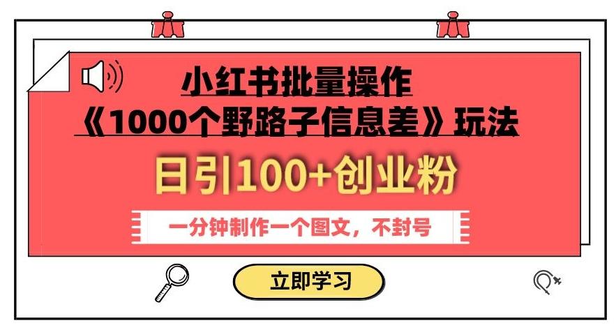 小红书批量操作《1000个野路子信息差》玩法，一分钟制作一个图文，不封号，日引100+创业粉-简创项目网