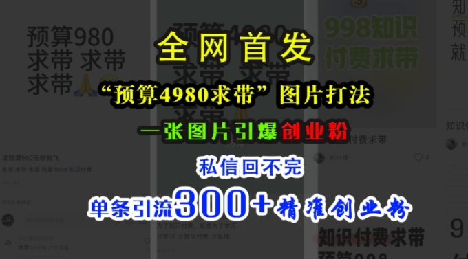 小红书“预算4980带我飞”图片打法，一张图片引爆创业粉，私信回不完，单条引流300+精准创业粉-简创项目网