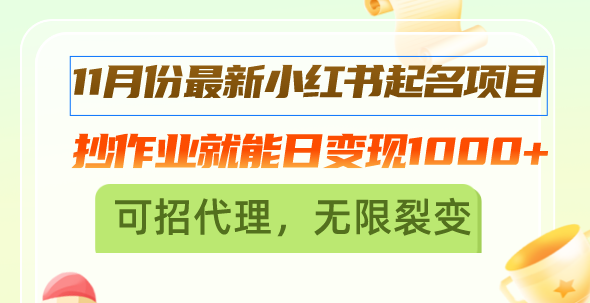 11月份最新小红书起名项目，抄作业就能日变现1000+，可招代理，无限裂变-简创项目网