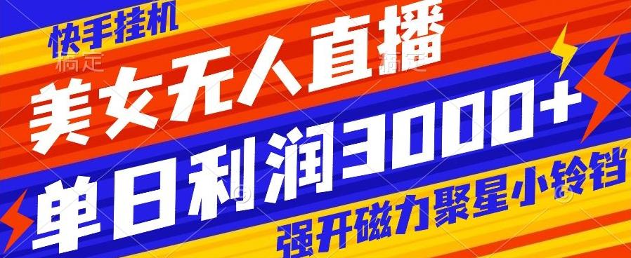快手挂机，美女无人直播，强开磁力聚星小铃铛，日入3000+-简创项目网