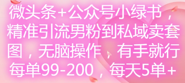 微头条+公众号小绿书，精准引流男粉到私域卖套图，无脑操作，有手就行，每单99-200，每天5单-简创项目网